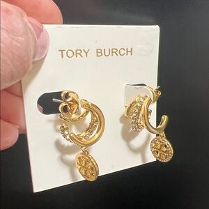 Tory Burch Gold Crystal Logo Drop Hoop Earrings